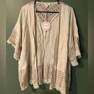 Linen blend crochet inset kimono